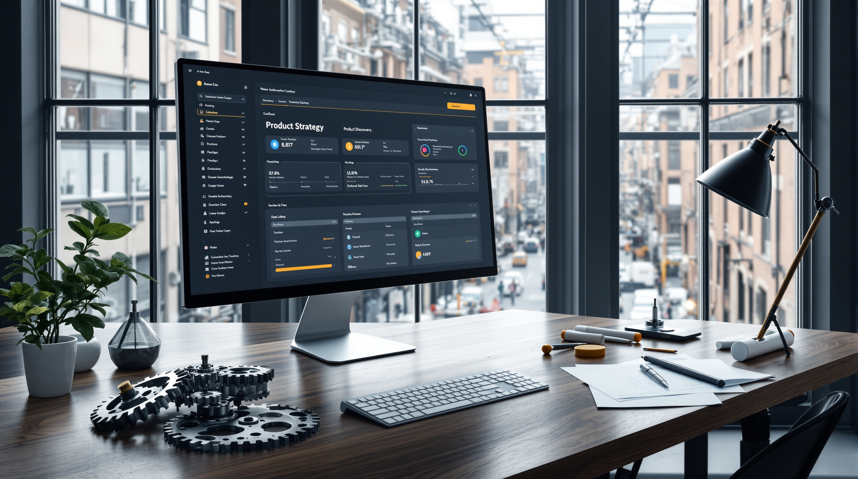 Editorial photograph of a B2B product-strategy workspace: a monitor showing a dashboard wireframe, a precision-machined gear assembly on a polished wood desk, view of a quiet industrial loft through tall windows.