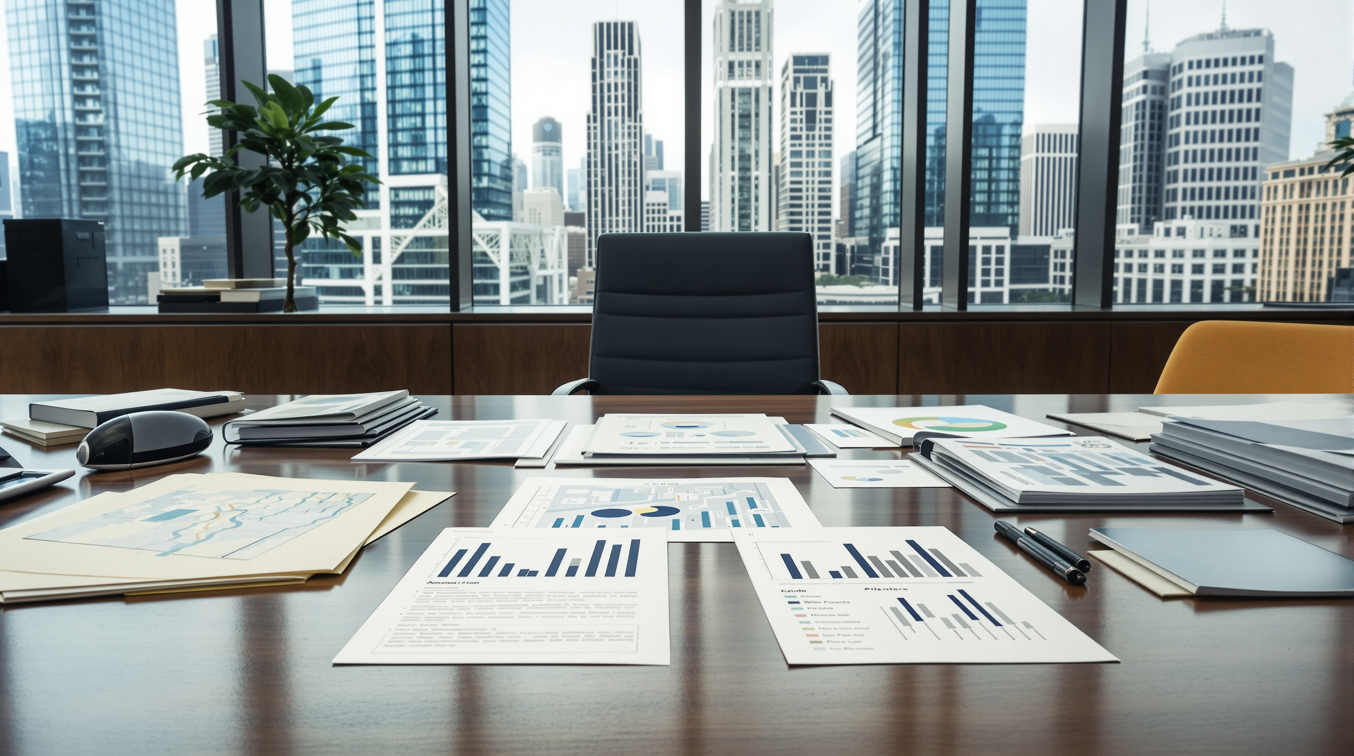Underwriting boardroom: policy documents and bar-chart reports laid out on a polished wood table, glass city towers through the window — institutional, archival.