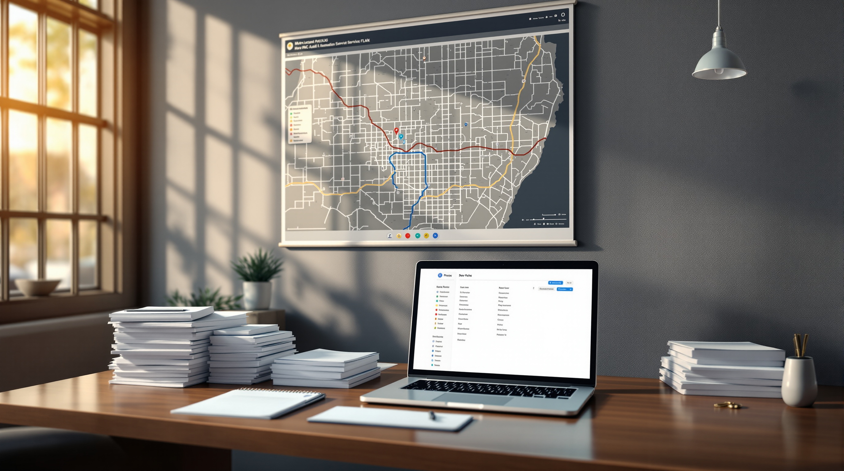 Dispatcher's office at end of day: a metro service-route map on the wall, neat stacks of service-call clipboards on a polished wood desk, a laptop showing a routing dashboard, soft amber late-afternoon light.