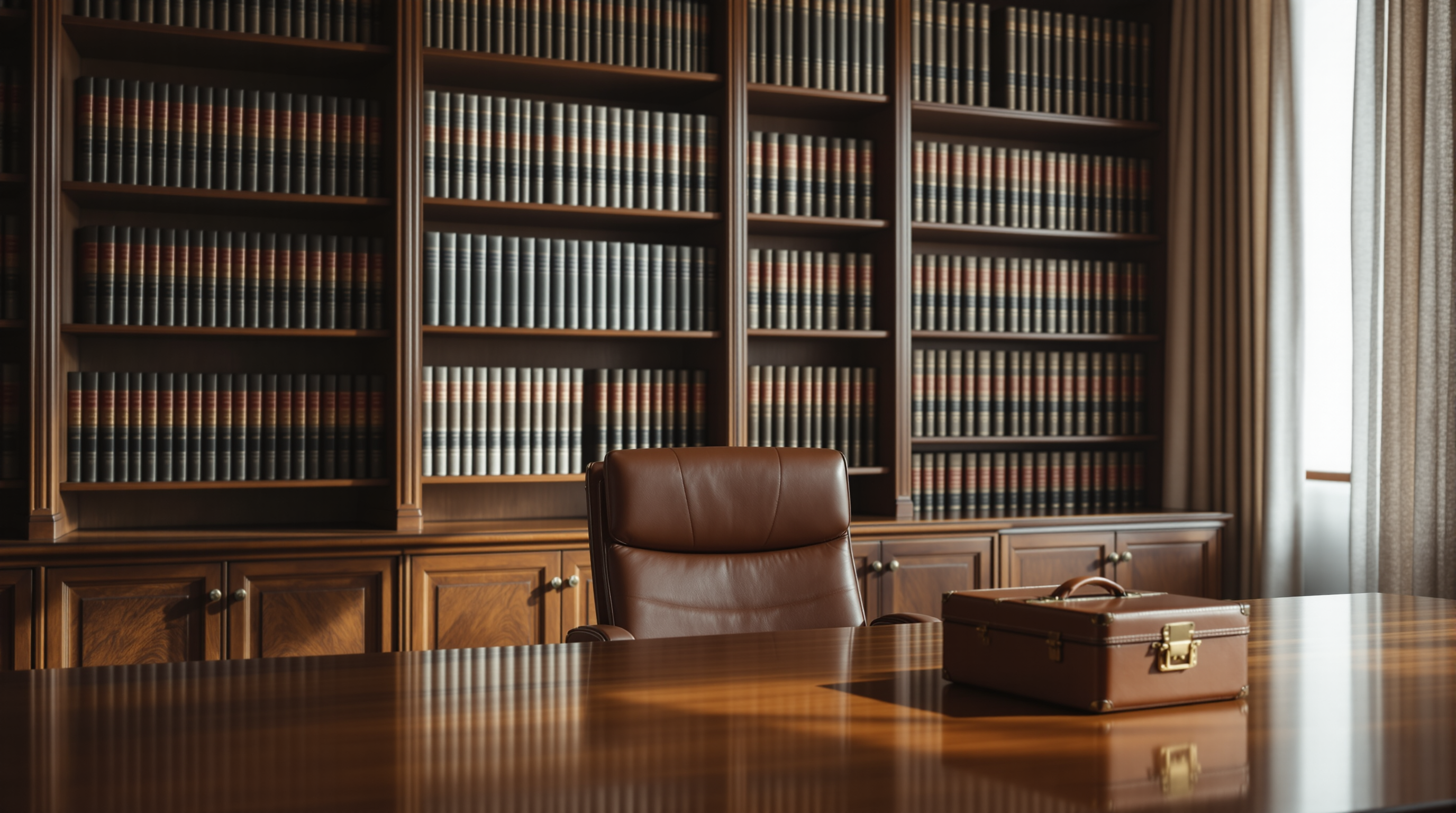 Archival law-firm library: bound case-reporter volumes lining the walls, a single leather chair pulled to a polished walnut conference table, a closed leather briefcase on the table, natural light through a tall window.