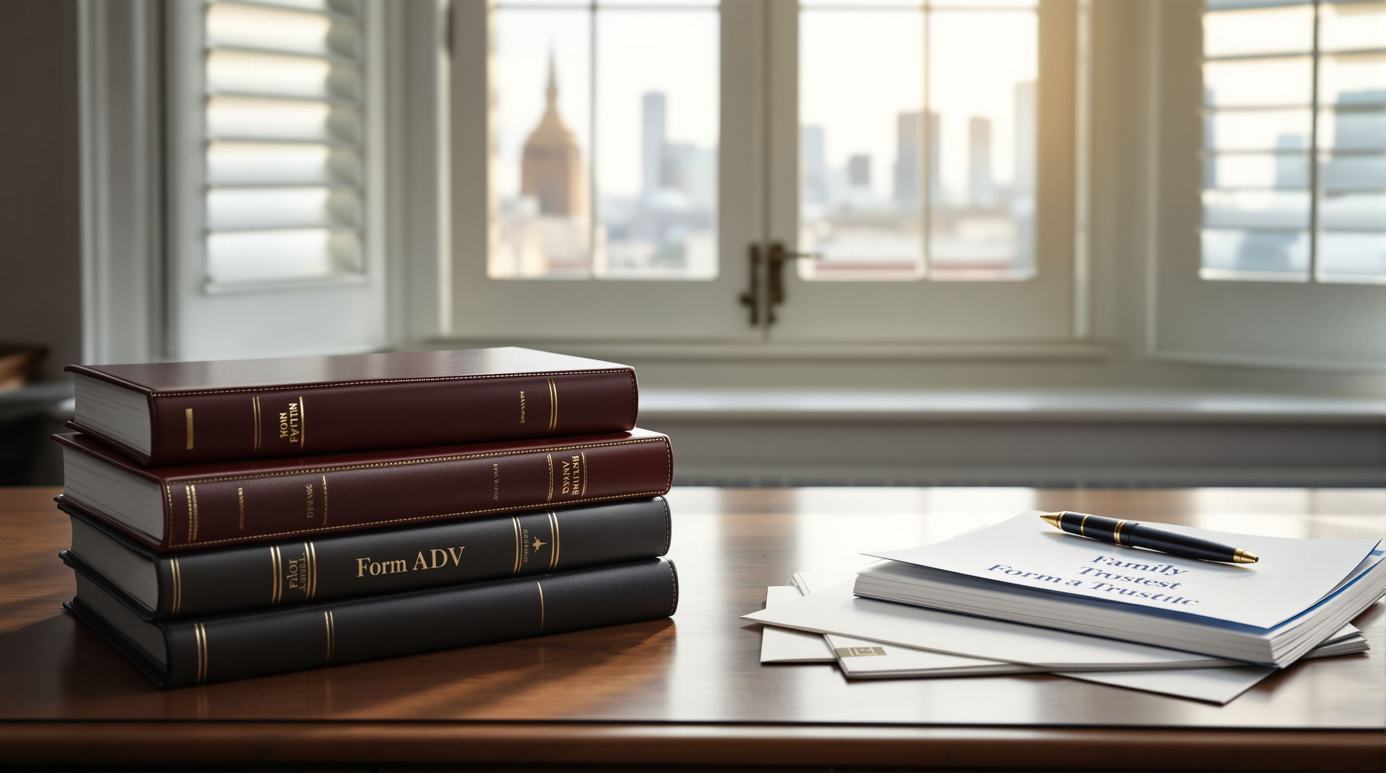 Quiet senior-advisor's office: a stack of leather-bound investment portfolios and a Form ADV binder on a walnut desk, a family-trust folder with a Mont Blanc pen, soft city light through plantation shutters.