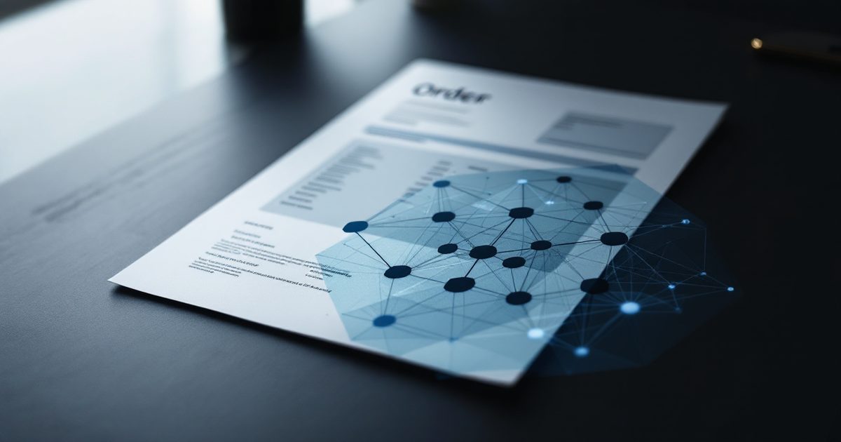 A printed order and procurement document overlaid with a faint automated-transaction flow diagram