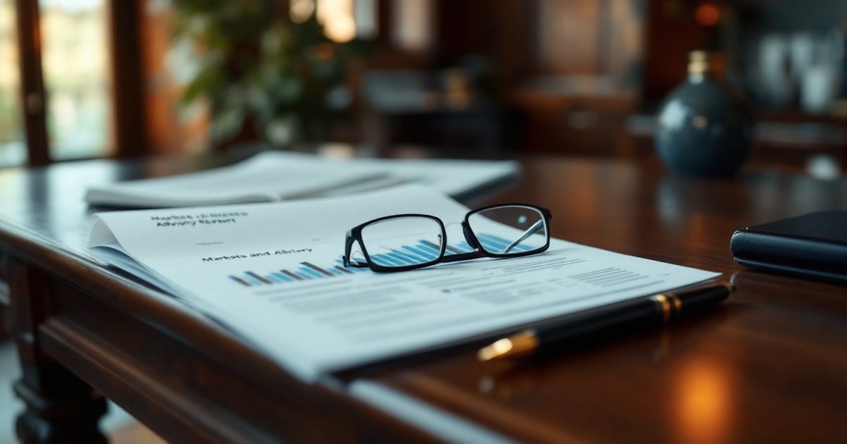 A printed markets and advisory report with reading glasses on a dark wood desk in a wood-paneled office