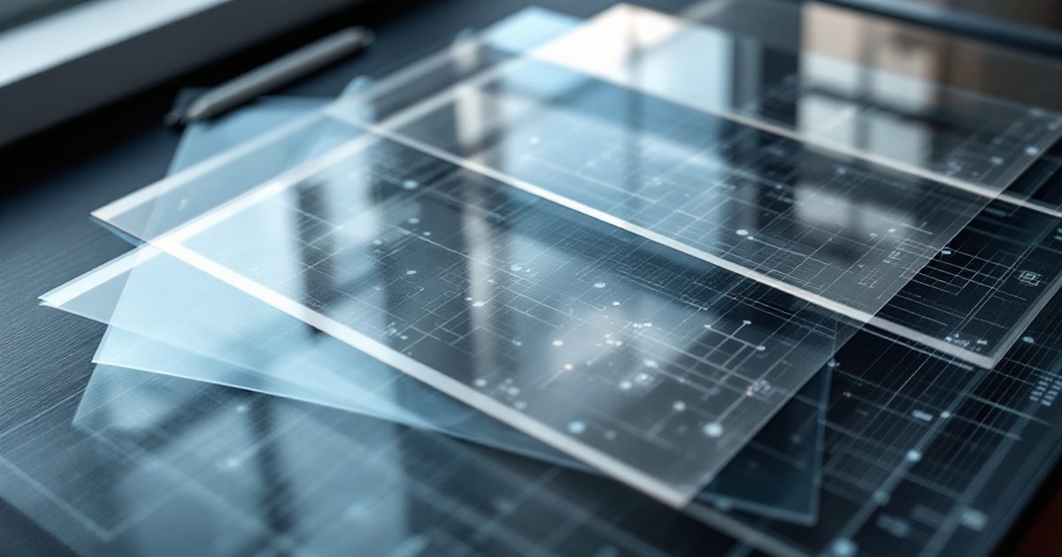 Layered translucent diagram sheets on a dark surface — the stacked retrieval layer beneath AI