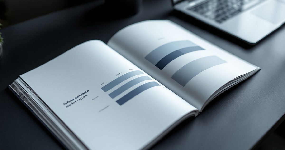 A printed software market report open to a comparison chart, beside a laptop on a dark desk